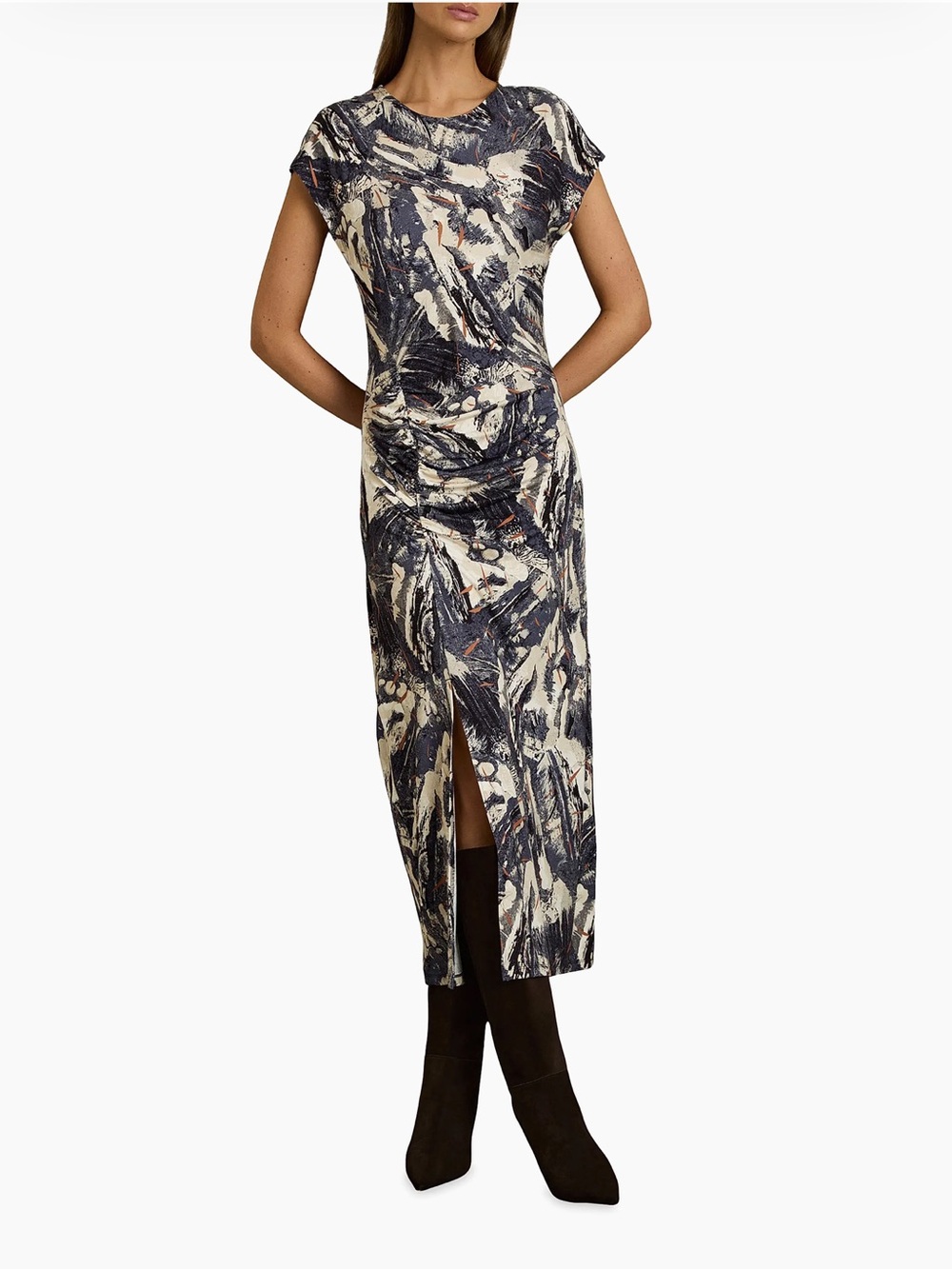 Reiss Navy, Cream and Black Abstract Ruched Midi Dress